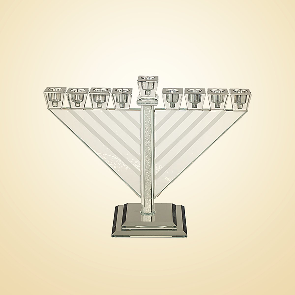 חנוכיית קריסטל בזרועות אלכסוניות, פסי כסף ועמוד משובץ, 28×27 ס״מ, חגי ישראל