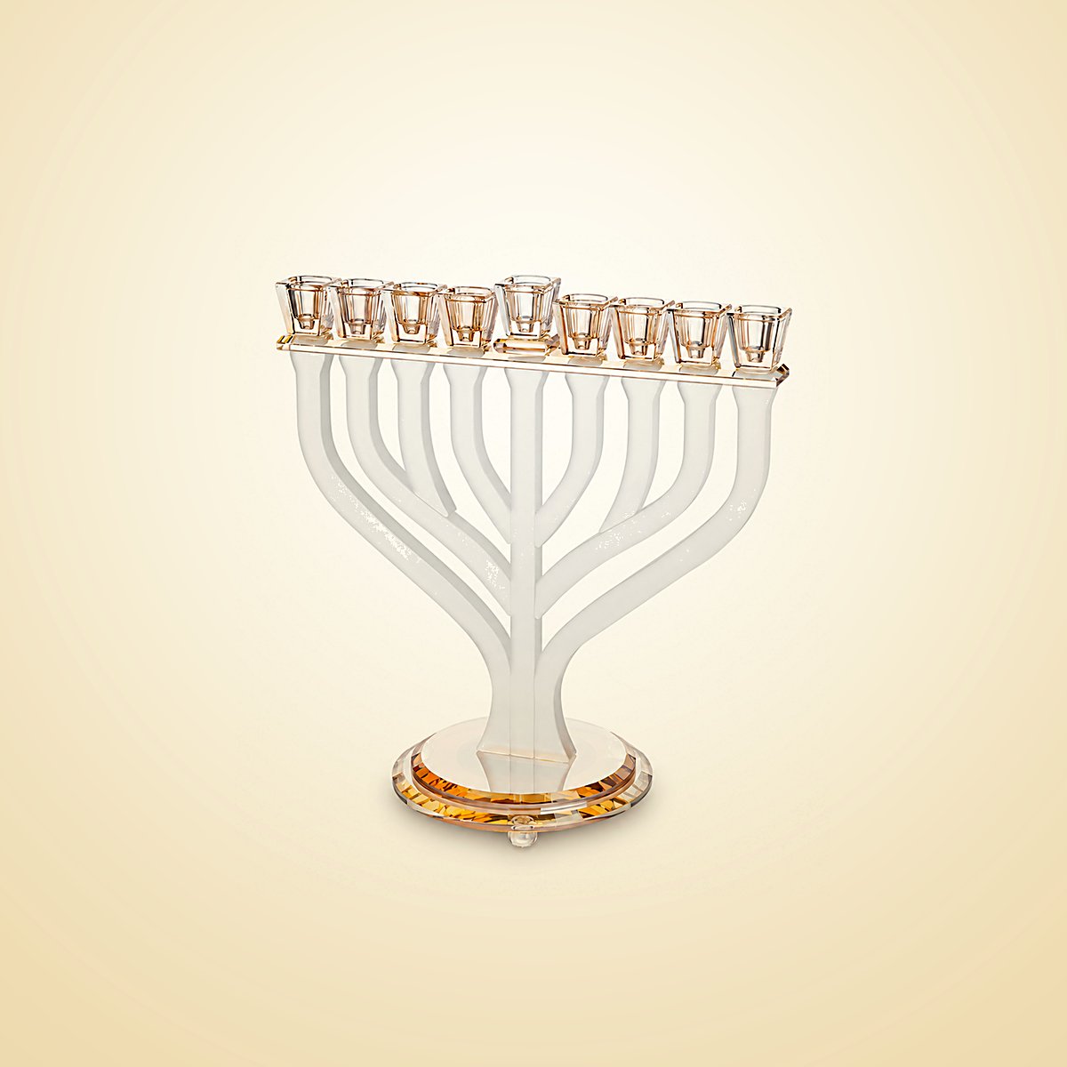 חנוכיית קריסטל מט וזהב, זרועות מעוגלות, 29×30 ס״מ, חגי ישראל