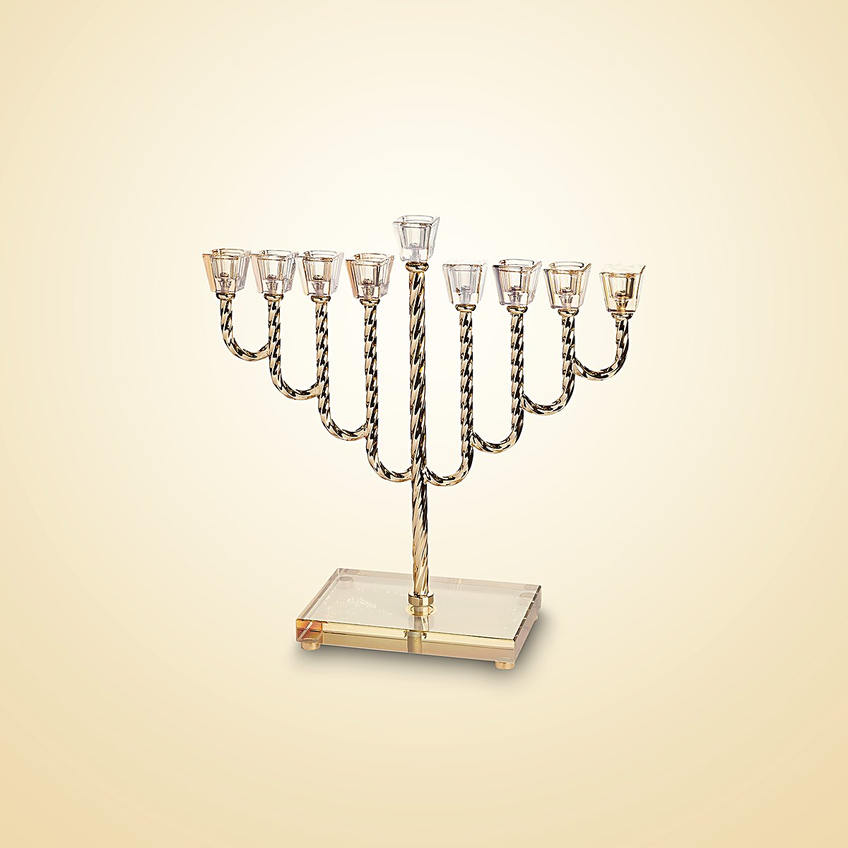 חנוכייה ״אור הזהב״ בגימור זהב, קנים קלועים ובסיס קריסטל, 32 ס״מ, חגי ישראל