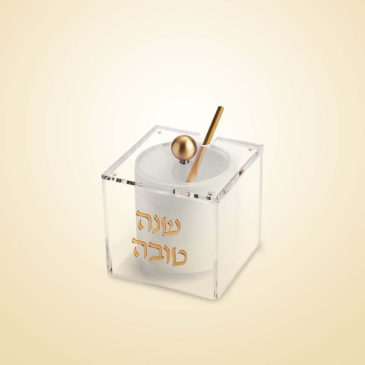 כלי לדבש אקריליק מרובע, שנה טובה בזהב, לראש השנה